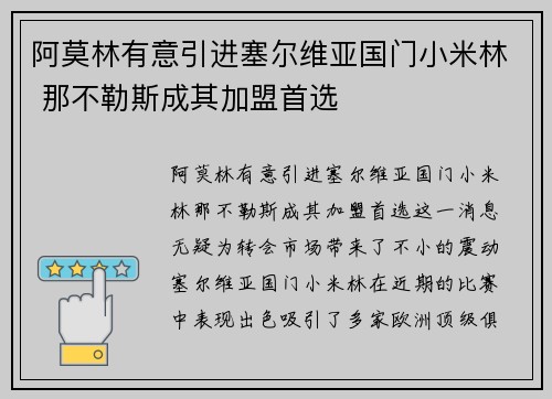 阿莫林有意引进塞尔维亚国门小米林 那不勒斯成其加盟首选