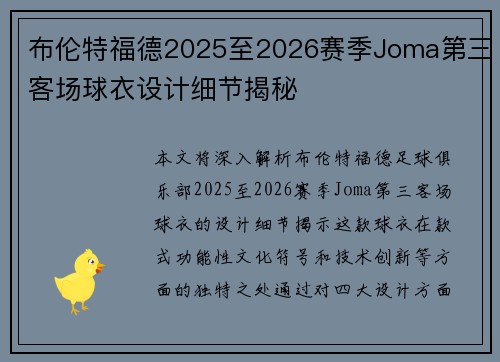 布伦特福德2025至2026赛季Joma第三客场球衣设计细节揭秘